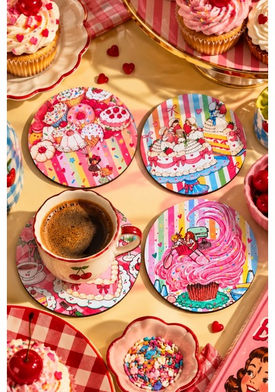 Sweet Wonderland, Tatlı Dünyası - Renkli Retro Tatlı Temalı 4 Lü Bardak Altlığı Set 9 Cm, 3 Mm Ahşap Mdf, Dijital Baskı - 930466748 Diğer