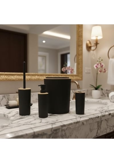 Şık Antrasit 4 Lü Banyo Seti Çöp Kovası, Tuvalet Fırçası, Sıvı Sabunluk Ve Diş Fırçalık Modern Ve Dayanıklı Tasarım Diğer