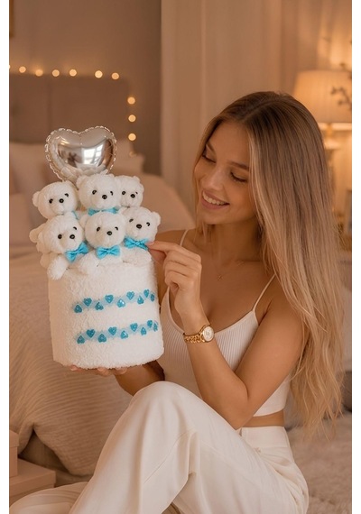 Premium Taş Süslemeli Peluş Ayıcık Buketi Mavi Papyon & Gümüş Kalp Balonlu Hediye - Sevgiliye, Kıza Hediye