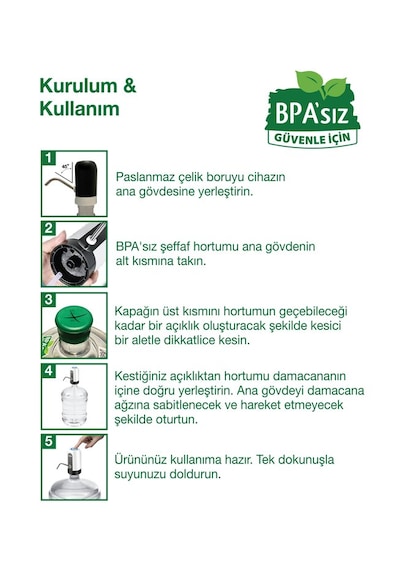 Bpa'sız Şarjlı Damacana Pompası Bpa'sız Boru 10l - 15l - 19l 1200 Mah Beyaz