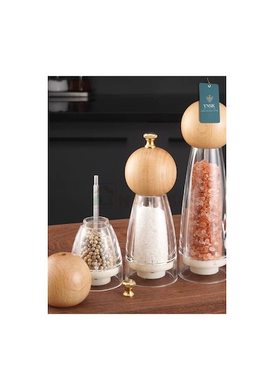 Chacha Home Luxury Bamboox Akrilik Tuz Ve Karabiber Değirmeni Baharat Öğütücü Şeffaf Lüx Gold Detaylı Küçük Boy