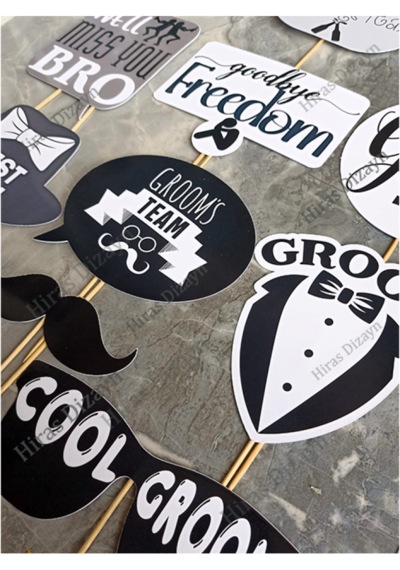 Damat Groom Konuşma Balonu Seti 12 Parça, Düğün Ve Nişan Beyaz - Siyah