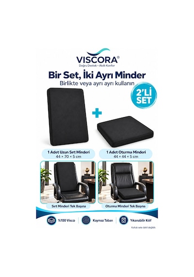 Müdür Ve Ofis Koltuğu Minderi 2 Li Set %100 Visco Uzun Sırt Ve Oturma Desteği Siyah