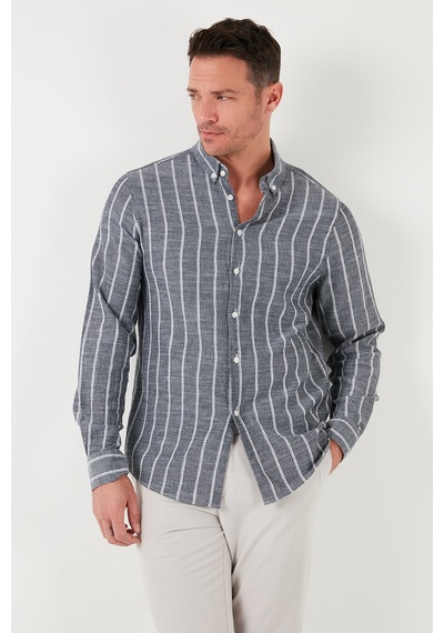 Buratti Pamuklu Çizgili Regular Fit Düğmeli Yaka Erkek Gömlek Cf21S112480 Siyah-Beyaz