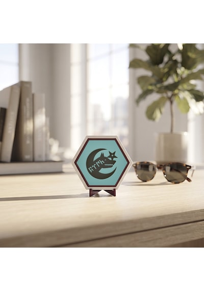 Göktürkçe Türk Yazısı Kurt Silüeti Ve Ay Yıldız İkonlu Masaüstü Dekoratif Süsü Ofis Masaları İçin Modern Parça 10x10 Cm, Turkuaz