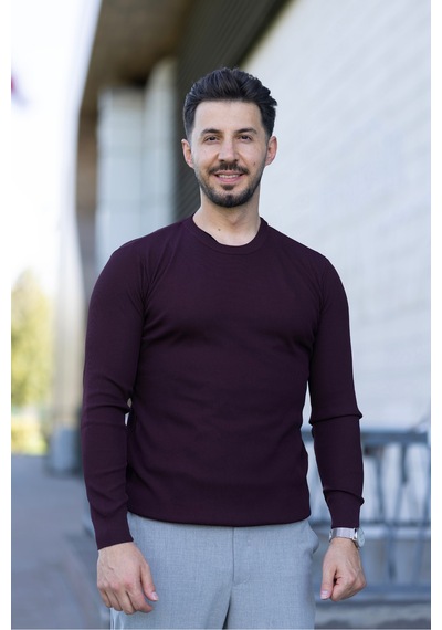 Hk Premium Erkek Fitilli Slim Fit Bisiklet Yaka Triko Kazak Bordo