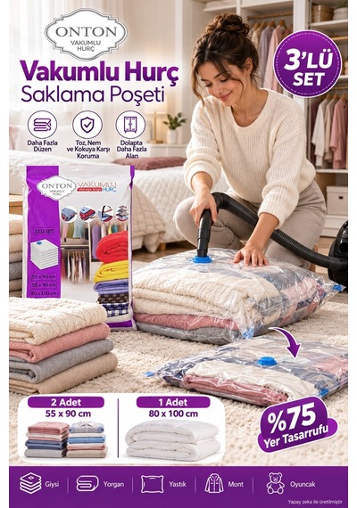Vakumlu Hurç 3 Lü Set 2 Adet 55x90 Cm 1 Adet 80x100 Cm Vakumlu Saklama Poşeti Çok Renkli