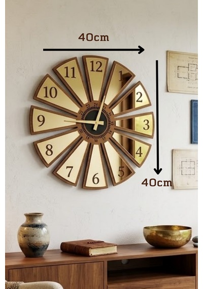 Dekoratif Ahşap Duvar Saati Parçalı Tasarım Modern Duvar Saati Sessiz Mekanizmalı 40x40cm Ahşap - Altın
