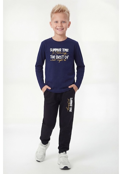 Panios Kids Yuvarlak Yaka Sweatshirt Paça Lastikli Eşofman Alt Baskılı Uzun Kollu Erkek Çocuk Alt Üst Takım Lacivert