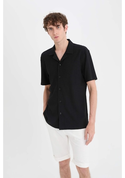 Defacto 	Modern Fit Polo Yaka Dokulu Penye Kısa Kollu Siyah Gömlek C4125AX24SM Siyah