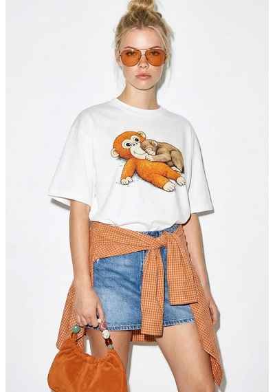 Shade Kadın Pamuklu Bisiklet Yaka Maymun Punch Baskılı Oversize T-shirt Öt261036 60286078 - Beyaz Standart