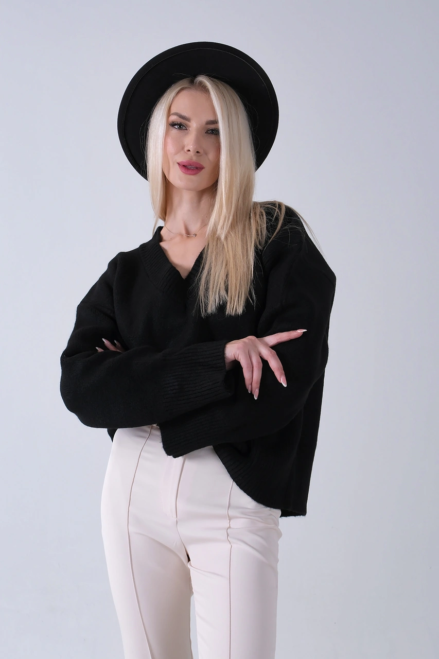 Feminist Siyah V Yaka Beli Lastikli Triko Kazak 46892623.01 Siyah