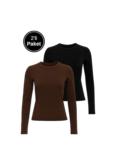 Rich Kadın Siyah-kahverengi 2'li Paket Bisiklet Yaka Esnek Kumaşlı Vücuda Oturan Slim Fit Uzun Kollu Crop Body Siyah - Kahverengi