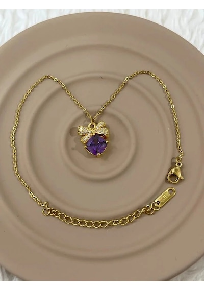 Premium Gold Renk Şık Ve Parlak 316l Çelik Fiyonk Ve Mor Taşlı Halhal 25cm Altın