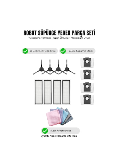 Dreame D20 Plus İle Uyumlu 4 Yan Fırça 4 Filtre 4 Toz Torbası 1 Temizlik Bezi 14.0
