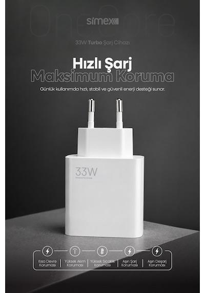 Simex Xiaomi, Redmi, Poco, Uyumlu 33 Watt Hızlı Turbo Şarj Başlığı Ce Belgeli Sps-19