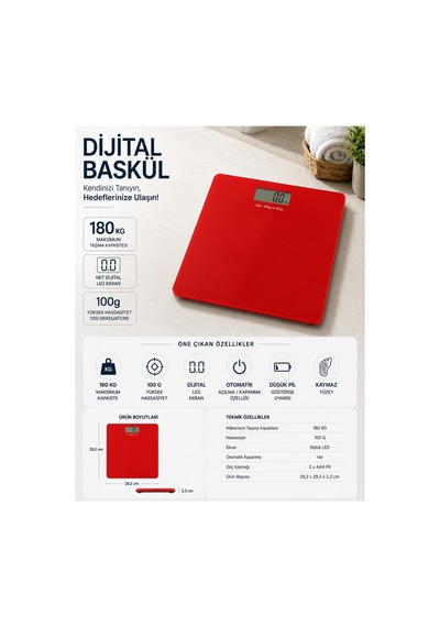 180 Kg Dijital Cam Baskül Elektronik Tartı Lcd Ekranlı Sıcaklık Göstergeli Hassas Vücut Tartısı Kırmızı