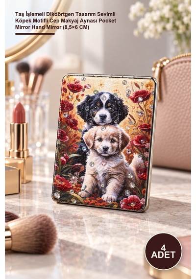 4 Adet İnce El Aynası Taş İşlemeli Dikdörtgen Tasarım Sevimli Köpek Motifli Cep Makyaj Aynası Pocket Mirror Hand Mirror 8,5 6 Cm Sarı
