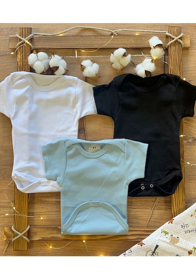 Betül Bebek Kısa Kollu 3'lü Organik Pamuk Çıtçıtlı Bebek Body&zıbın Siyah,mavi,beyaz Çok Renkli