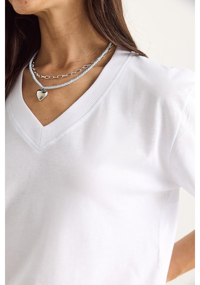 Shade Pamuk Derin V Yakalı Comfort Fit T-shirt 60602066 - Beyaz L
