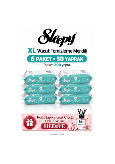 Sleepy Xl Vücut Temizleme Mendili 6'lı Mega Set 50 Yaprak - Rosie Oda Kokusu Hediyeli Tekli