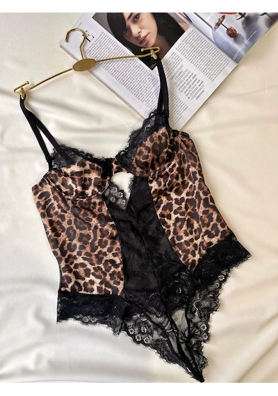 Leopar Tül Dantel Tanga Bodysuit Ve Leopar Dantel Detaylı Sütyen Takımı