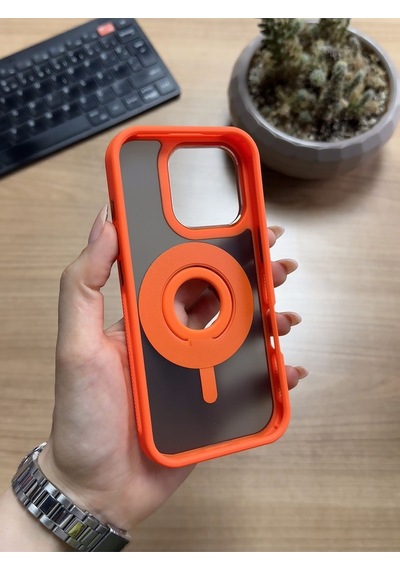 Apple Uyumlu iPhone 16 Standlı Ve Yüzüklü Magsafe Kılıf Soocase721 Turuncu