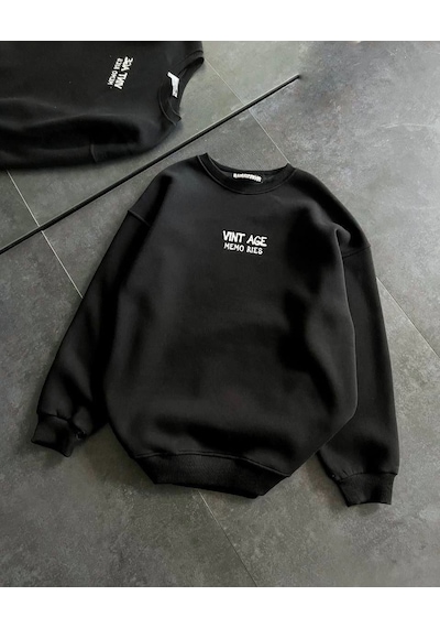 Mbb E-ticaret Kadın Bisiklet Yaka 3 İplik Pamuklu Baskılı Oversize Sweatshirt - Siyah