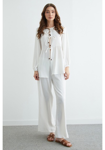 Fullamoda Fullamodest Önü Bağlamalı Ayrobin Kimono 2 Li Takım Beyaz
