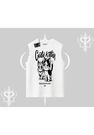 Tarzsokak Cute Kitten Yazılı Sevimli Kedi Baskılı Kolsuz Tshirt Beyaz