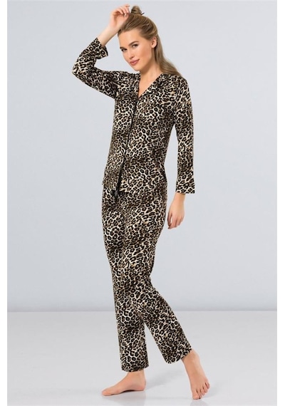 Türen 3261 Leopar Kadın Yakalı Uzun Kol Pijama Takımı - Leopar LEOPAR