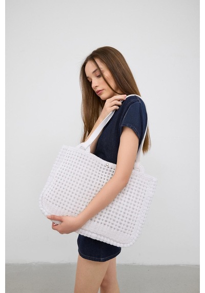 Shule Bags Fabri Big Size Makrome Omuz Çantası Beyaz Beyaz