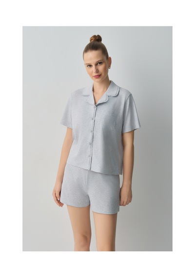 Suwen Casual Gömlek Yaka Pamuklu Şort Pijama Takımı Wsh10910003051 Gri Melanj