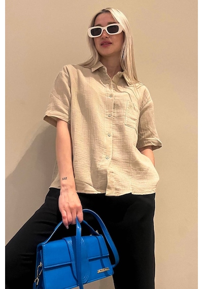 Madmext Bej Muslin Kumaş Basic Kadın Gömlek Mg1784-bej Bej
