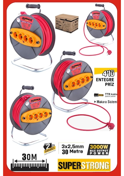 Stilmax Stl3035 Atölye Ve Ev Tipi Uzatma Kablosu 30mt 3x2.5 Mm² 4 Priz Dörtlü Seyyar Uzatma 30 M