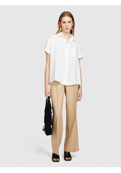 Sisley %100 Keten Düğmeli Göğüs Cepli Kısa Kollu Gömlek Kadın Beyaz Gömlek - 324p5bmllq042