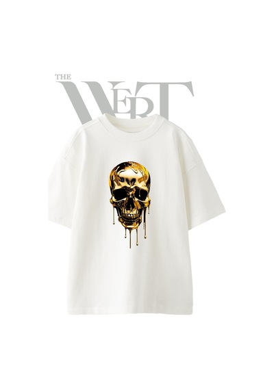 Thewert Gold Dripping Skull Tasarım Baskılı Ünisex Beyaz Oversize T-shirt