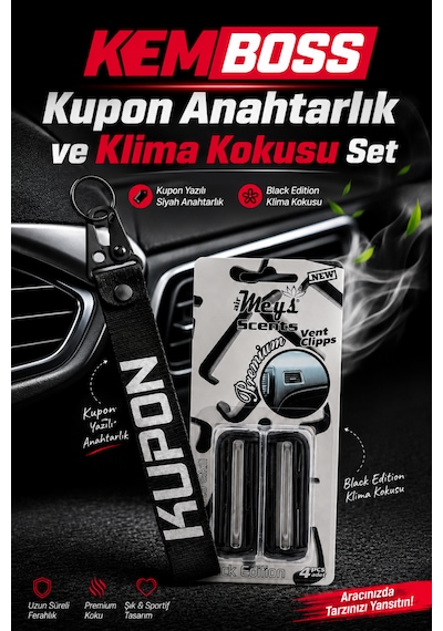 Kemboss Siyah Kupon Anahtarlık Ve Araç Klima Kokusu Seti Siyah Kumaş Anahtarlık Black Edition
