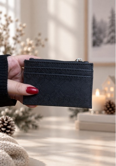 Elpida Bags Kabartma Dokulu Fermuarlı Siyah Deri Kartlık SİYAH
