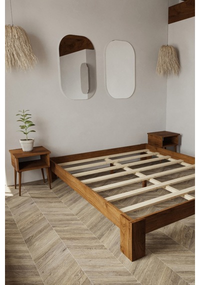 Soft Masif Ahşap Karyola Ve 2 Adet Komodin Ceviz 90x190