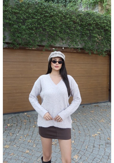 Kechi Woman V Yaka Oversize Triko Kazak Bej