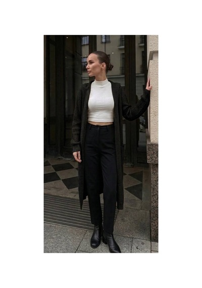 Onno Style Women Selanik Örgü Kadın Triko Uzun Hırka Siyah