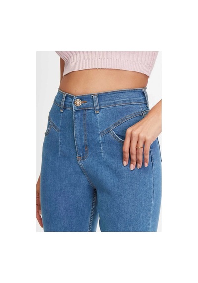 Kene Jeans Yüksek Bel Ön Conta Çımalı Esnek Dar Paça Mavi