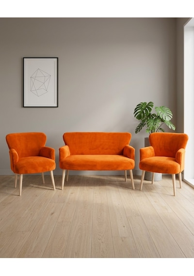 Roma 2+1+1 Welsoft Tüylü Yumuşak Kumaş Çay Seti Koltuk Takımı - Ahşap Ayak - Turuncu Roma 2+1+1 Welsoft Tüylü Yumuşak Kumaş Çay Seti Koltuk Takımı - Ahşap Ayak - Turuncu