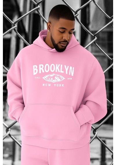 Benroma 3 İplik Penye Brooklyn Baskılı Büyük Beden Sweatshırt Pembe
