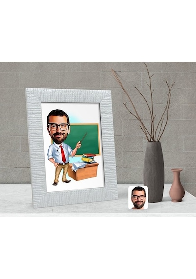 Kişiye Özel Erkek Öğretmen Karikatürlü Dekoratif Çerçeve-1