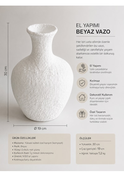 El Yapımı Beyaz Dekoratif Vazo 30 Cm Kırılmaz Modern Salon Konsol Vazosu Dokulu Tasarım Çiçeklik