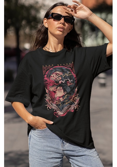 Özel Tasarım Eren Yeager Baskılı Unisex Oversize Attack On Titan Siyah
