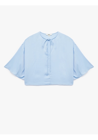 Koton Yuvarlak Bağlamalı Yaka 3/4 Yarasa Kol Oversize Bluz Mavi 5sak60224pw