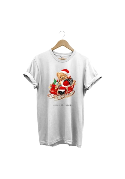 Christmas Baskılı Sevimli Ayıcık Yılbaşı Noel %100 Pamuk Regular Fit Bisiklet Yaka Beyaz T-shirt Beyaz